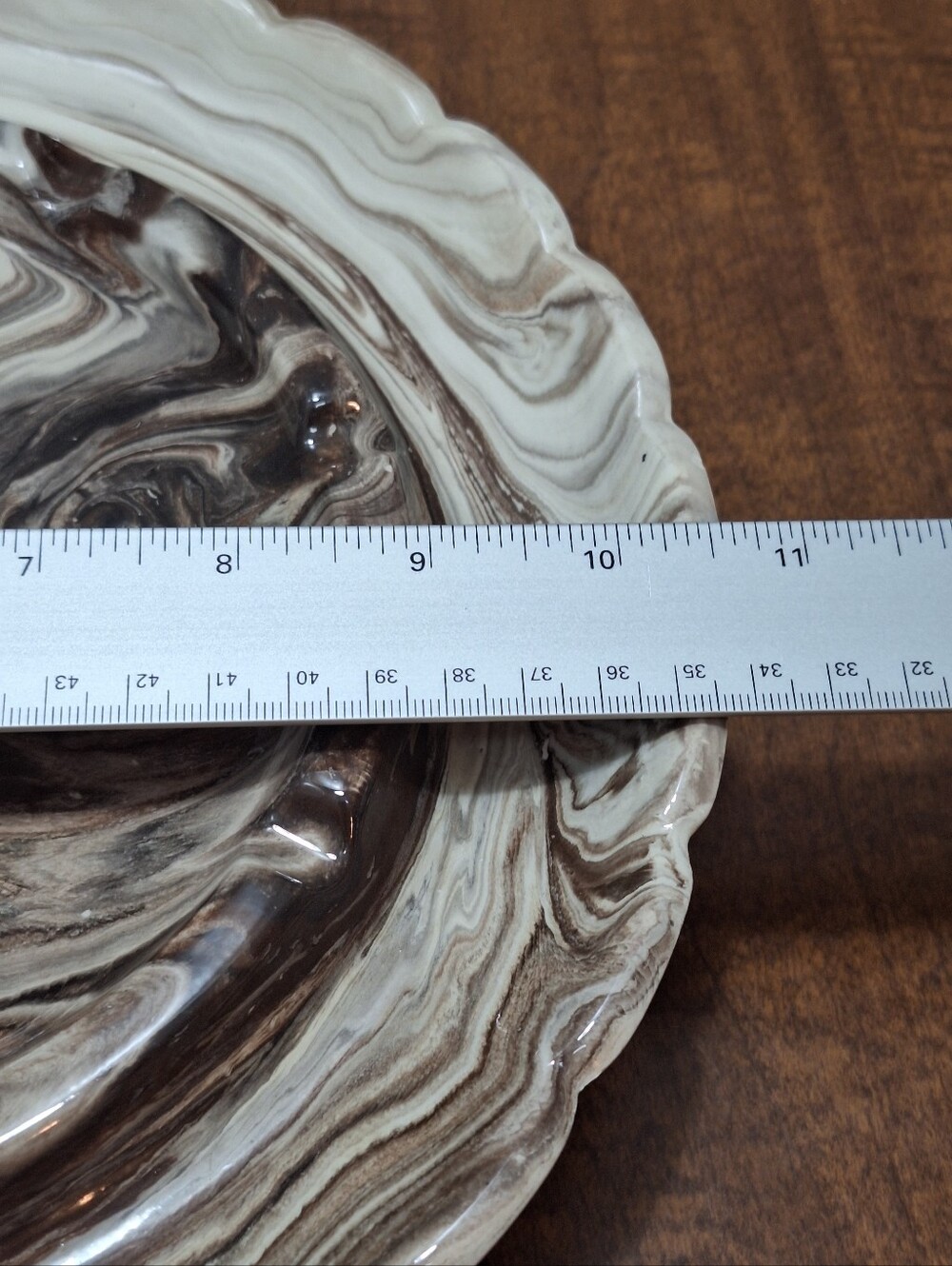 Vtg 80s Ceramic Cream & Brown Marble Swirl Scalloped Edge 10.5 In Ashtray Signed - Picture 14 of 16